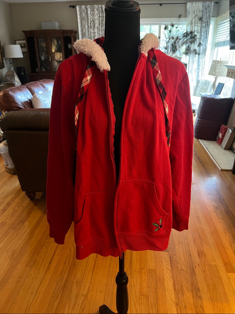 Red Hooded Sweatshirt with Plaid Bow Accent Disneyland parks Minnie mouse